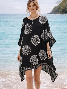 Rhea Black Pattern Print Boho Tunic Top One Size NWT Viscose Oversized A22